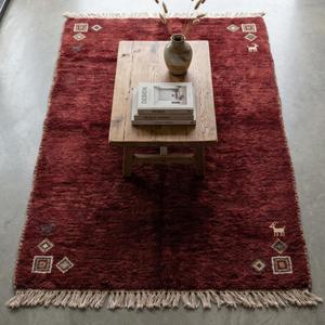 Tapis en laine noué à la main de qualité supérieure, couleur bordeaux foncé, motif tribal, avec des motifs traditionnels et des franges pour la décoration de la maison - Product Image 2