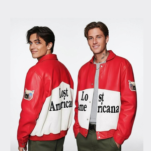 Chaqueta de Motero Acolchada de Cuero Sintético Rojo para Hombre, Estilo Americano Retro, Corte Ajustado, con Diseño de Parches, Cuello Camisero, Ropa Casual de Otoño - Product Image 1