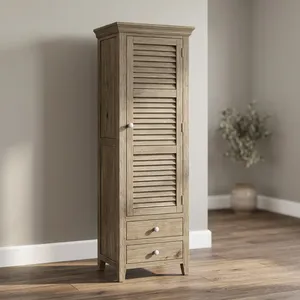 Armoire haute en bois massif avec portes à persiennes et 2 tiroirs, meuble de chambre rustique - Product Image 4