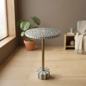 Mesa Auxiliar Moderna con Patrón Floral Redondo, Pedestal de Metal y Base Geométrica, Mueble Decorativo Contemporáneo para Sala de Estar - Product Image 5