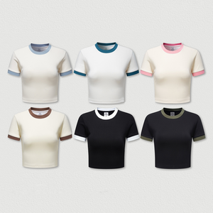 Camiseta Corta de Moda para Mujer, Mezcla de Algodón, Cuello Redondo, Manga Corta, Tela Suave y Ligera, Elástica, Informal, Elegante, para Uso Diario - Product Image 5