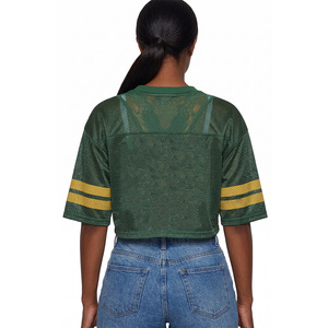 Top corto de malla verde con encaje y cuello en V para mujer, personalizable con impresión de número de marca, blusa informal con hombros caídos, estilo primavera-verano - Product Image 2