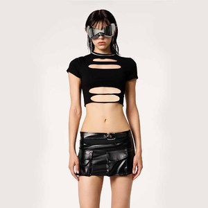 Women's <b>Black</b> <b>Crop</b> <b>Top</b> Crew Neck <b>Short</b> <b>Sleeve</b> Hollow Out Knitted Spandex Polyester Y2K Style Slim Fit Solid Color All Seasons - Product Image 6