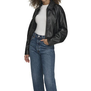 Chaqueta bomber de cuero PU negra para mujer, estilo vintage, imitación cuero, con cuello extendido, cierre de cremallera, estilo motociclista, informal. - Product Image 2