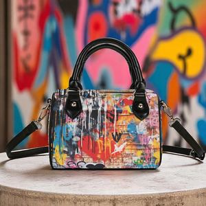 Sac de bowling pour femme en cuir PU imprimé, sac à bandoulière tendance avec deux poignées, fermeture éclair, sac à main pour usage quotidien - Product Image 4
