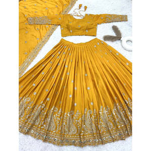 Ropa de boda de trabajo de secuencia de bordado pesado completo SSR amarillo talla XL Lehenga Choli para damas de honor e invitados - Product Image 2