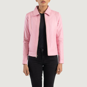 Chaquetas de Cuero Genuino para Mujer, Cuello Clásico Rosa, Alta Calidad, Venta al Por Mayor, Chaquetas Biker Bomber para Chicas, Colores Personalizados con Logotipo, OEM - Product Image 1