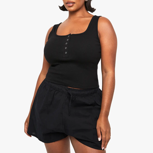 Camiseta sin mangas negra de punto acanalado para mujer con cuello cuadrado con botones, estilo casual, corta, mezcla de algodón y elastano, transpirable - Product Image 1