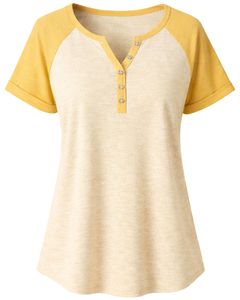 Beige Yellow Women T <b>Shirt</b> Short Sleeve Henley Neck Raglan Tee Soft Cotton Casual Summer Top Comfortable Daily Wear Stylish - Product Image 1
