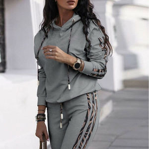 Conjunto Deportivo con Capucha para Mujer, Estampado Animal Blanco con Rayas Laterales, Ropa Deportiva Informal, Pantalones con Cordón Ajustable de Manga Larga, Conjunto de Dos Piezas - Product Image 2
