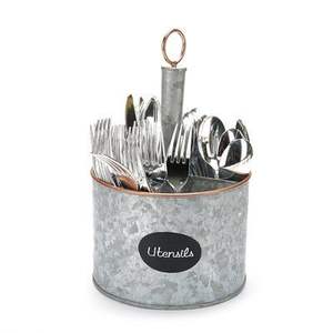 Organisateur de couverts et ustensiles en métal galvanisé style ferme avec poignée en bois, 4 compartiments, support de comptoir de cuisine rustique - Product Image 3