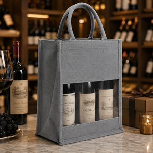 Bolsa de Transporte para Tres Botellas de Vino, Personalizada, de Algodón Reciclado, con Ventana de PVC Laminado, Impresión Serigrafiada, para Regalo, Venta al Por Mayor, 27x34x10cm - Product Image 3