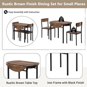 TOPMAX Modern 3-Piece Dining Room Set <b>Round</b> <b>Table</b> with Drop Leaf & 2 Chairs Black Frame & Rustic Brown Finish for <b>Small</b> Spaces - Product Image 6