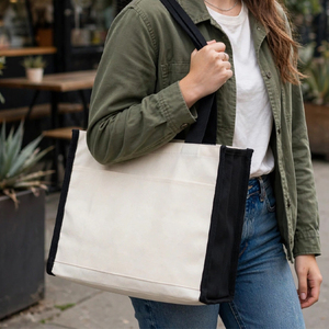 Customizable Bohemian Fashion Canvas <b>Tote</b> Bag with Black Handles and White Front Panel for Shopping Travel Everyday Use - Product Image 6