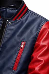 Men's Two Tone Genuine Leather Varsity <b>Jacket</b> Color Blocking <b>Zipper</b> Closure Casual Winter Breathable Windproof Streetwear - Product Image 4