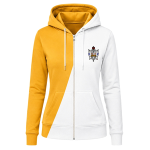 <b>Women</b> Custom Gold <b>White</b> 2 Cross Panel Full Zipper <b>Hoodie</b> Color Block Long Sleeve Hooded Sweatshirt Sorority Casual Fashion Sport - Product Image 1