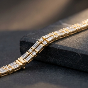Double Row Baguette & Round Brilliant Cut Diamond Tennis Bracelet with Secure Box Claps in Yellow <b>Gold</b> 10k 14k 18k - Product Image 2