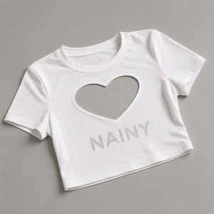 Women Heart Cut Out <b>Crop</b> <b>Top</b> With <b>Rhinestone</b> Letter Slim Fit Short Sleeve Y2K Fashion T Shirt - Product Image 3