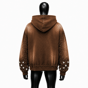 Sudadera con capucha y cremallera marrón con pedrería, estilo vintage, lavado desgastado, con adornos de cristales, talla grande, estilo urbano - Product Image 2