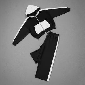 Ensemble de survêtement unisexe en molleton épais noir uni avec capuche et pantalon de jogging à rayures blanches, logo personnalisé, deux pièces, pour l'hiver, décontracté - Product Image 6