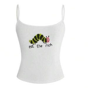 Camiseta sin mangas de algodón con tirantes finos y bordado de dibujos animados personalizado para mujer, ajuste ceñido, chaleco de verano, venta al por mayor OEM - Product Image 1