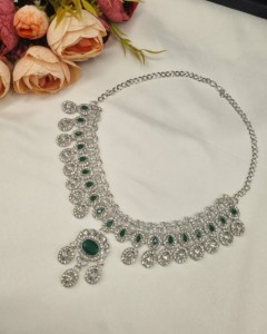 Designer Rhodium Plated Oval Cut CZ Stone <b>Necklace</b> <b>Set</b> With <b>Earrings</b> & Mangtika For Women Ethnic Fashion Jewellery <b>Set</b> Wholesale - Product Image 5