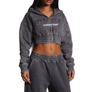 Custom Acid Wash Zip Applique Distressed Embroidery Patch Unisex Cropped Hoodie Sweatpants Set Streetwear Sweatsuit for Winter - Product Image 1