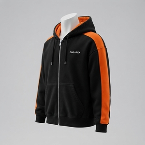 Custom Black <b>Orange</b> Full Zip Hoodie Contrast Panel Sleeves Oversized Streetwear Hooded <b>Sweatshirt</b> - Product Image 2