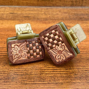 Luxury Women Mini Hair Claw Hand <b>Tooled</b> Engraved Leather <b>Clip</b> Checkerboard Floral Pattern High Quality Hair Styling Accessory - Product Image 4