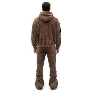 Ensemble de survêtement marron à capuche pour homme, motif flamme imprimé par sublimation, streetwear, longueur intégrale, poches à cordon, coupe régulière, 100 % coton - Product Image 2