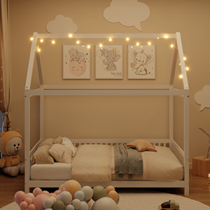 Letto a capanna a LED bianco per bambini, in legno, con sponda di protezione, misura Full Size - Product Image 3