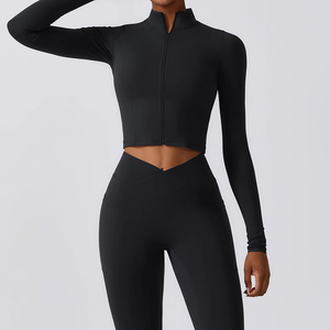 <b>White</b> <b>Long</b> <b>Sleeve</b> Zip Front <b>Crop</b> <b>Top</b> Yoga Fitness Wear Women's Activewear Seamless Breathable Quick Dry High Waist Leggings Set - Product Image 2