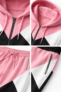 Ensemble de survêtement pour homme rose et noir à blocs de couleur, sweat à capuche zippé et pantalon de jogging, tenue décontractée pour la gym, le fitness, la course et le streetwear - Product Image 6