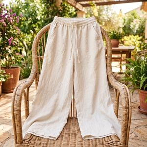 Pantalon large d'été en coton et chanvre blanc uni, coupe ample, respirant, décontracté pour femmes grandes tailles - Product Image 4