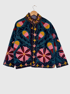 Chaqueta de Terciopelo con Bordado Floral, Cuello Mandarín, Manga Larga, Talla Grande, Ropa de Otoño para Mujer - Product Image 1