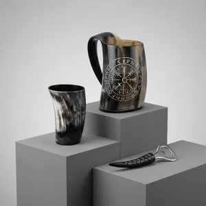 Ensemble de tasses et de mugs en corne de bœuf style Viking avec ouvre-bouteille, vaisselle vintage, ensemble de 3 pièces en corne pour la maison, le bureau ou les fêtes, au meilleur prix - Product Image 1