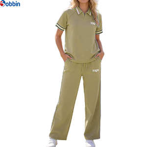Customized Trade Women's 2 Piece Casual Set Short Sleeve Polo Top With Side Stripe <b>Pants</b> Loose Fit All Seasons Sportswear Solid - Product Image 2