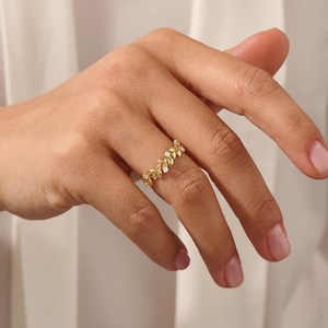 แหวนเพชรทรงใบไม้ดีไซน์ธรรมชาติ เพชรเพาะเลี้ยง 10K 14K 18K ทองคำแท้ แหวนลายดอกไม้แบบซ้อนได้ แหวนแต่งงานลายพฤกษศาสตร์ - Product Image 5