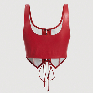 <b>Red</b> PU Leather Lace Up <b>Blouse</b> for Women Sexy V-Neck Crop Top Sleeveless Gothic Punk Streetwear Tank Top - Product Image 2
