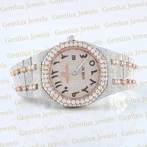 Probador de diamantes Pass de calidad superior oro rosa dos tonos árabe Dial D VVS totalmente helado Moissanite diamante Hip Hop reloj para hombres - Product Image 3