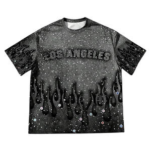 Camiseta gráfica con estampado de diamantes de imitación para hombre, camiseta de manga corta con cuello redondo, camiseta informal de verano de inspiración vintage, Top informal brillante - Product Image 1