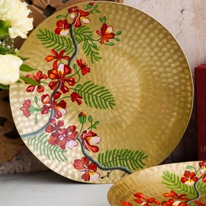 Hand Painted Round Metal <b>Decorative</b> <b>Plate</b> Hammered Gold Floral Pattern Oriental Wedding Dish <b>Decorative</b> Circle Round Platter - Product Image 1