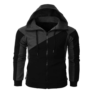 Sudadera con capucha y cremallera para hombre, diseño de bloques de color diagonales, rojo y negro, estilo patchwork, corte ajustado, tipo chaqueta deportiva de forro polar, venta al por mayor - Product Image 3