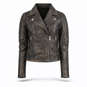 Chaqueta de Cuero Genuino Marrón Desgastado para Mujer, Estilo Biker, con Cremallera, Impermeable, Mangas Acolchadas, Acabado Retro, Producción OEM ODM - Product Image 1