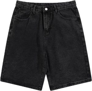 Shorts en jean délavé foncé taille haute pour homme, coupe droite, décontractés, en coton, pour l'été, avec poches - Product Image 1