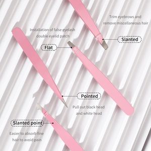 Pinzas Cosméticas Personalizadas, Juego de 4 Pinzas Rosadas Inclinadas y Puntiagudas para Cejas y Pestañas con Estuche - Product Image 3