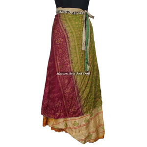 Sari Rajastani Multicapa de Seda Artística, Falda Larga Envolvente de 2 Capas, Sari de Seda Mágica Reversible, Falda Larga Envolvente, Sari de Seda Bohemio - Product Image 2