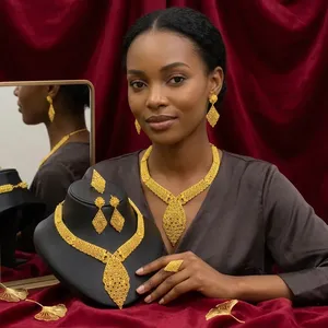 Gold Plated Brass Flower Jewelry Set for Women-Pendant Necklace with <b>Box</b> Chain Wedding & Party Occasions - Product Image 3