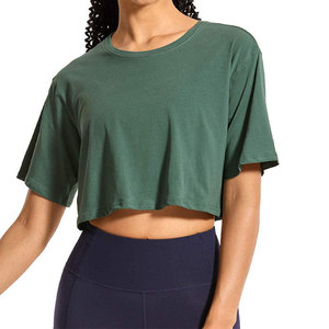 Camiseta Corta Verde para Mujer, Cuello Redondo, Color Sólido, Tejido de Punto, Transpirable, de Algodón, para Entrenamiento, Uso en Todas las Estaciones - Product Image 5