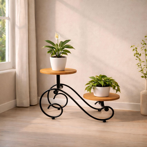 Soporte para Plantas de 2 Niveles con Estantes de Madera y Marco de Metal Negro con Diseño en Forma de S, Decorativo, para Interiores, para Macetas - Product Image 3